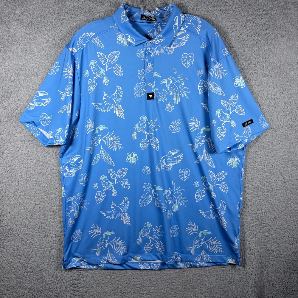 Bad Birdie Mens 2XL Blue Tropical Bird Toucan Performance Golf Polo Shirt SS22